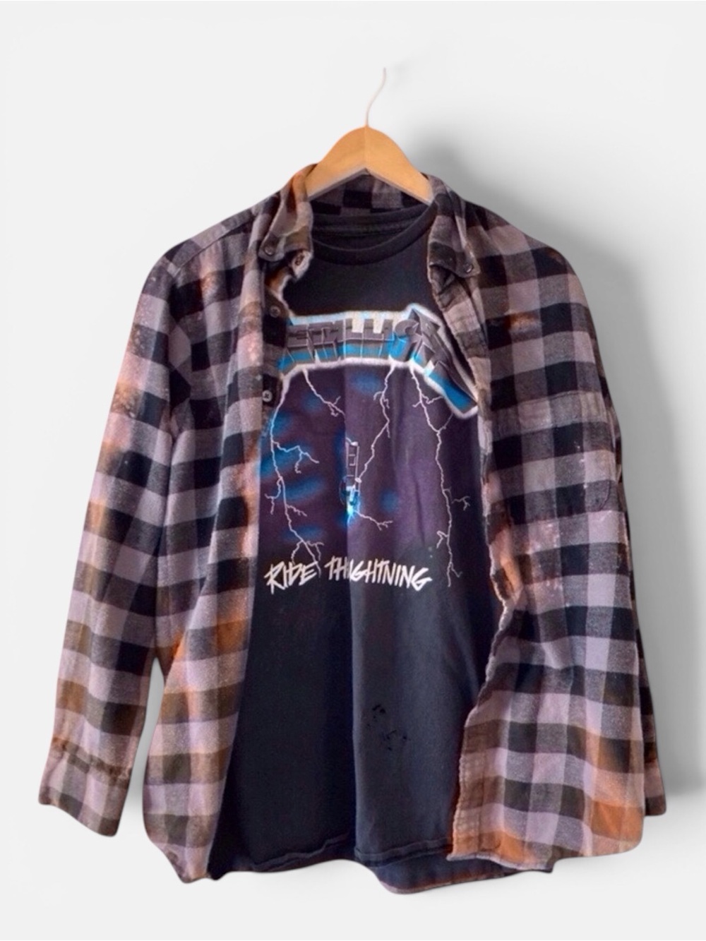 Men's Grunge Plaid Flannel + Metallica Ride The Lightning Tee Distressed Sz L